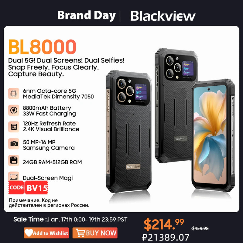 Blackview BL8000 5G Rugged Smartphone Dimensity 7020, 6.78" 2.4K 120Hz Display,  24GB 512GB Mobile Phone 50MP Camaras Cellphones